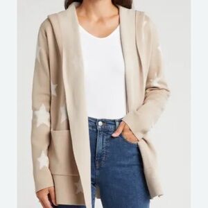 Splendid Scarlett Hooded Cardigan • Tan w/ Cream Stars • Open Front • NWT Small